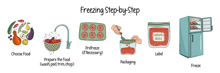 Freezing stages. Timeline infographic of home preserving process. Home canning, food preservation concept. Hand drawn doodle style vector illustration.
