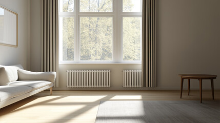 Fototapeta premium Modern Radiator and Central Heating System in a Cozy Home Interior for Warmth and Comfort