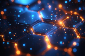 Abstract Blue and Orange Hexagon Pattern with Glowing Lights