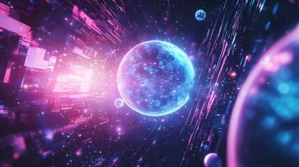 Dark retro futuristic cyberpunk elements abstraction background cosmos synthwave vaporwave retrowave glitch circle with blue and pink glows. 