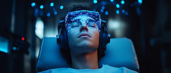 Male patient in a cuttingedge neuroscience center, using a headset for brain mapping with NSMS, targeting personalized learning and memory extraction to optimize cognition
