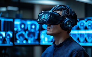Male patient wearing a headset in a hightech neuroscience facility