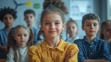 A group of children in a classroom, with one girl in the front looking directly at the camera and smiling.