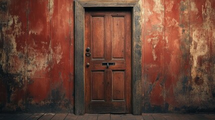 Vintage Wooden Door and Red Wall
