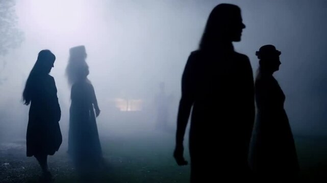 Silhouettes of people walking through dense fog at night.