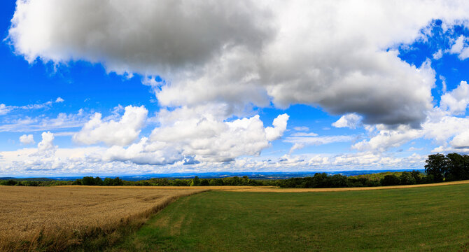 Blue sky with Comulus clouds over valley of river Main in Upper Franconia in Bavaria