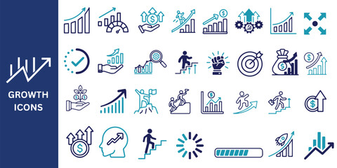 Growth Icon Set. Growth icon pack. Grow, performance, increase, gain, improvement, chart, evolution, development, and more icons, Vector illustration.