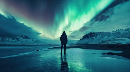 Fototapeta premium Person standing under a vivid aurora borealis glowing in the sky with shades of green and purple creating a breathtaking natural display