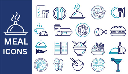 Meal Icon Set. Meal pack icon. Lunch, eat, dinner, pasta, leg pice, rice, and more, Vector illustration.