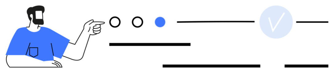 Man pointing at circles and checkmark with lines. Ideal for user interaction, web design, progress tracking, presentation, technology themes. Simple and modern style
