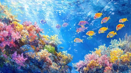 Naklejka premium Vibrant coral gardens in the ocean, schools of fish swimming by. Ample room for copy in the background.