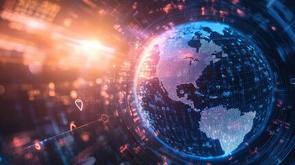 Obraz premium A globe surrounded by encryption symbols on a futuristic digital background. Copy space available.