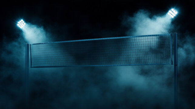 Dynamic Volleyball Net Illuminated by Vibrant Lights and Smoke Effects