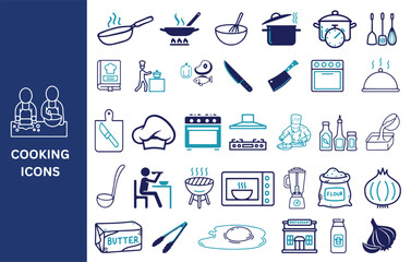 Cooking Icon Set. Pan, cook, recipe, chef hat, knife, restaurant, ingredients, cutting board, oven icons, Vector illustration.