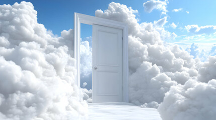 Open White Door Floating on a Cloud with Blue Sky