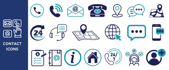 Contact Icon Set. Contact, e-mail, phone, address, service, customer, call, website, SMS, contact form, icons. Vector illustration.