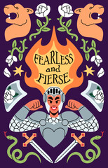 Design of woman power poster with inspirational quote. Template of motivation boho card with support of feminism. Ornamental postcard, cover with brave, strong female knight. Flat vector illustration