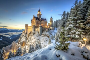 A majestic castle perched atop a snowy mountain peak, surrounded by a breathtaking winter landscape, captures the essence of serenity and enchantment