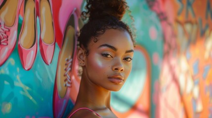 Fototapeta premium Young Woman Posing Against Colorful Mural with Pink Shoes. Natural Beauty and Colorful Background.