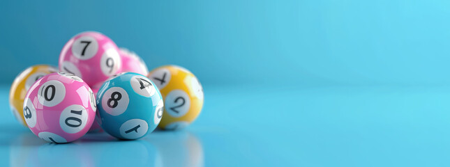 Lottery balls with numbers close-up on a blue background. Banner, copyspace