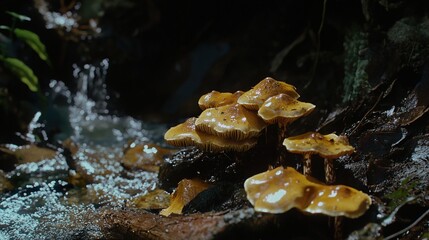 Mushrooms by a Forest Stream: A Close-Up View of Nature's Beauty
