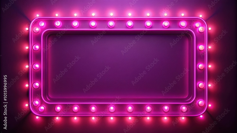 Poster Retro pink frame neon night lights glowing in a render background, retro, pink, frame, neon, night lights, glowing