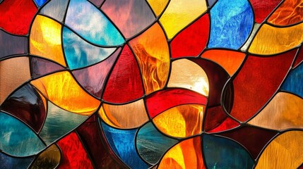 Fototapeta premium Vibrant Stained Glass Abstract, a decorative artwork featuring intricate patterns and vivid colors, perfect for enhancing vintage interior spaces with Art Nouveau elegance.