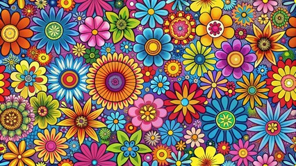 Colorful and vibrant flower pattern with a groovy hippie style, groove, hippie, style, flowers, pattern, retro, 70s