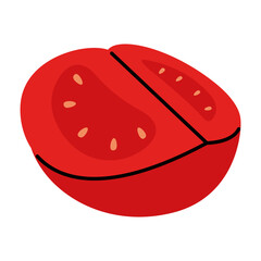 Simple vector drawing of a quarter red tomato with seeds in doodle style