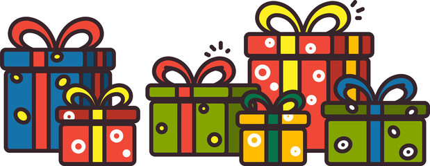 Vibrant vector gift boxes in a flat cartoon style, perfect for holiday designs. Isolated illustration of Christmas, New Year, and birthday packaging piles.