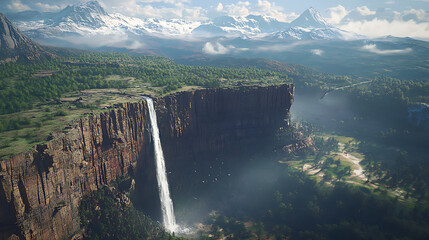 Fototapeta premium View of a landscape. a steep stone ridge cuts through the scene, with thick woods above and plains below. a slender waterfall spills down the face of the ridge. 