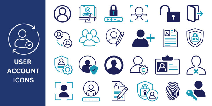 User Account Icon Set. User, account, security, profile, password, login, logout, username, avatar, connect, add friend, icon, Vector illustration.