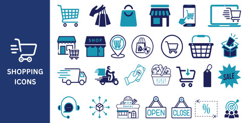 Shopping Icon Set. Shopping cart, store, delivery, payment, price tag, sale, icons. Vector illustration.