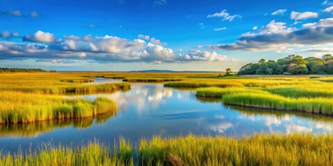 Fototapeta premium Scenic view of salt marsh at Folley Beach, South Carolina , coastal, wetlands, estuary, grassy, marshland, ecosystem, water