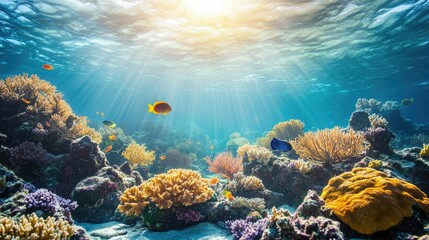 Fototapeta premium A peaceful view of a coral reef with fish swimming by. Ample space for copy in the surrounding water.