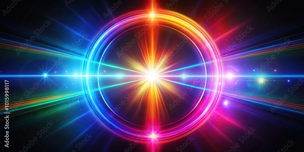 Poster Abstract colorful neon light with lens flare effect on black background, neon, light, lens flare, abstract, colorful, pink