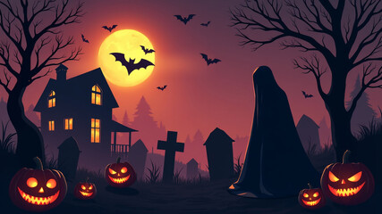 A hunted house with pumpkins and a man in a black dress is standing in front of pumpkins