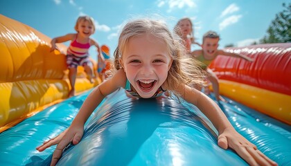 Joyful children on an inflatable bounce house under the sun, having fun on a bright summer day