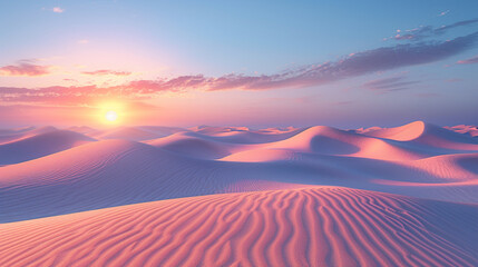Soft pink desert dunes illuminated by a vibrant sunrise