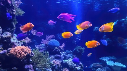 Naklejka premium A school of vibrant fish swimming through a coral reef. Room for text in the blue water.