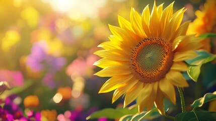 Naklejka premium A vibrant close-up of a sunflower among colorful flowers under warm sunlight