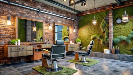 A modern beauty salon featuring a barbershop loft style, accentuated with moss on concrete walls, showcased through stunning 3D rendering visuals.