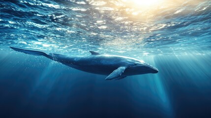 A stunning view of a whale swimming near the ocean surface. Plenty of space for copy in the surrounding sea.