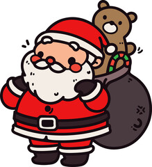 A cute hand-drawn Santa Claus with a gift bag in a cartoon style. This isolated vector illustration is perfect and easy to use for festive holiday designs.