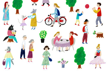 手描きイラスト　人々　休日の公園	