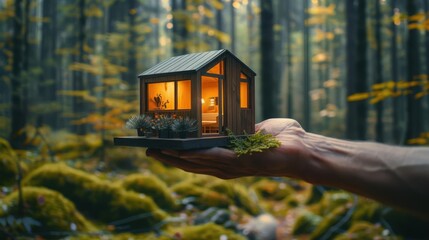Hand offering a tiny house model, depicting minimalist living, copy space, sustainable lifestyle, dynamic, Fusion, forest backdrop