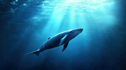 Fototapeta premium A whale swimming gracefully through the ocean depths. Copy space available in the water.
