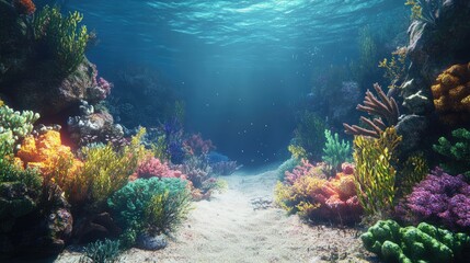 Obraz premium A wide view of a colorful coral garden under the sea, with plenty of space for text.