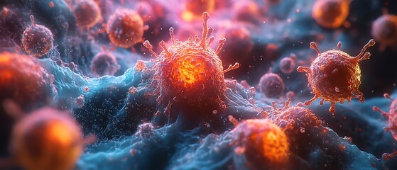 Detailed image of cancer cells under a microscope, representing cuttingedge diagnostic techniques and treatment strategies, high resolution, scientific precision