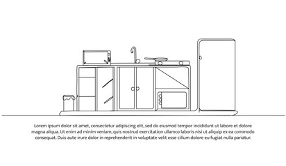 Continuous one line design of kitchen interior. Minimalist style vector illustration on white background.